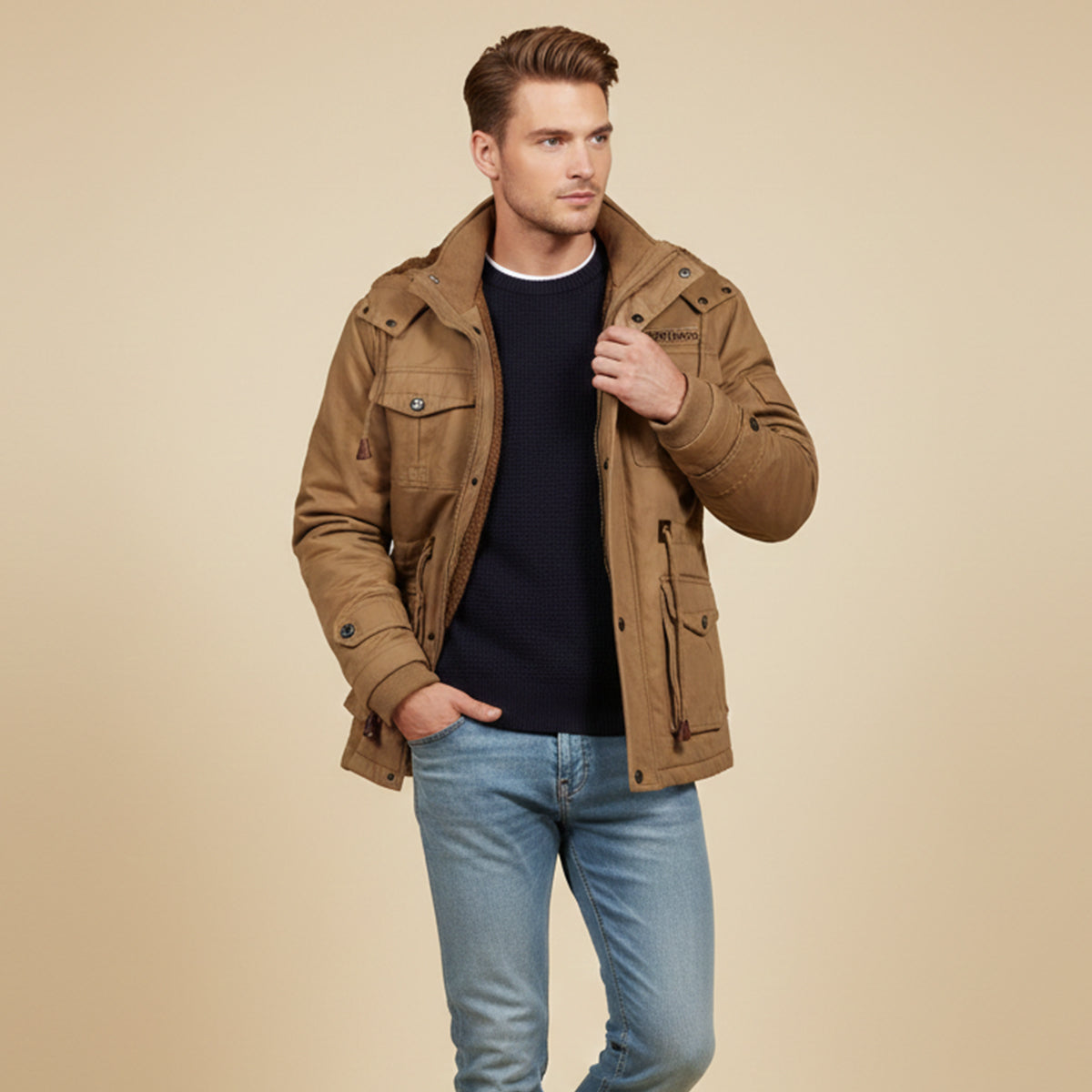 Men's khaki hooded jacket with plush lining, utility pockets, and button tabs