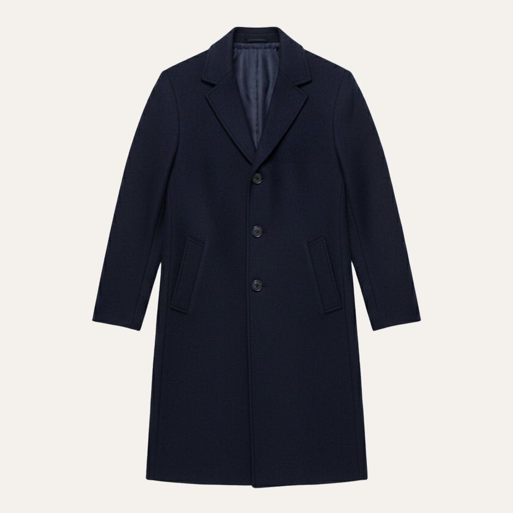 Men's navy wool overcoat with notched lapels, 3-button front, side pockets