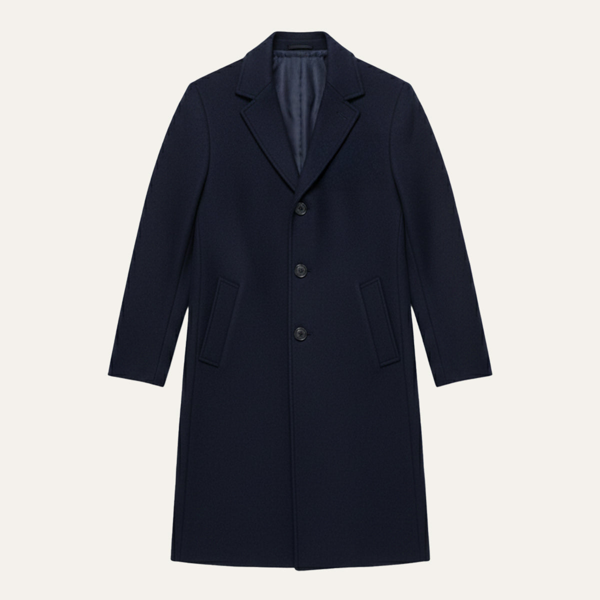 Men's navy wool overcoat with notched lapels, 3-button front, side pockets