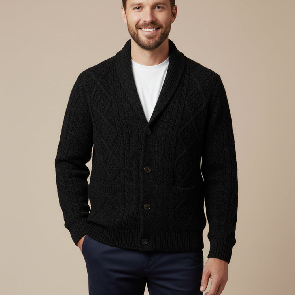 Men's black cashmere cardigan with cable knit texture, button front, worn with a white tee