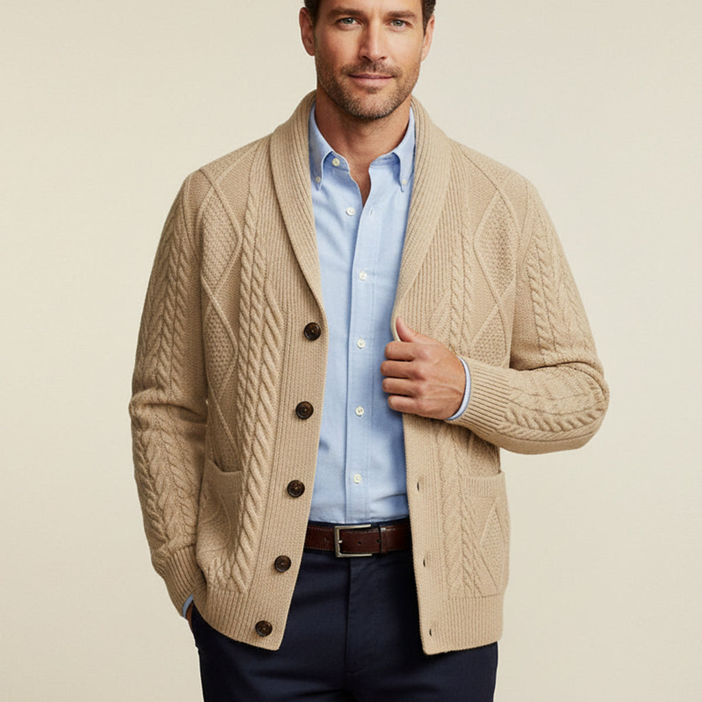Men's beige cashmere cardigan, cable knit design, button front, worn over a shirt