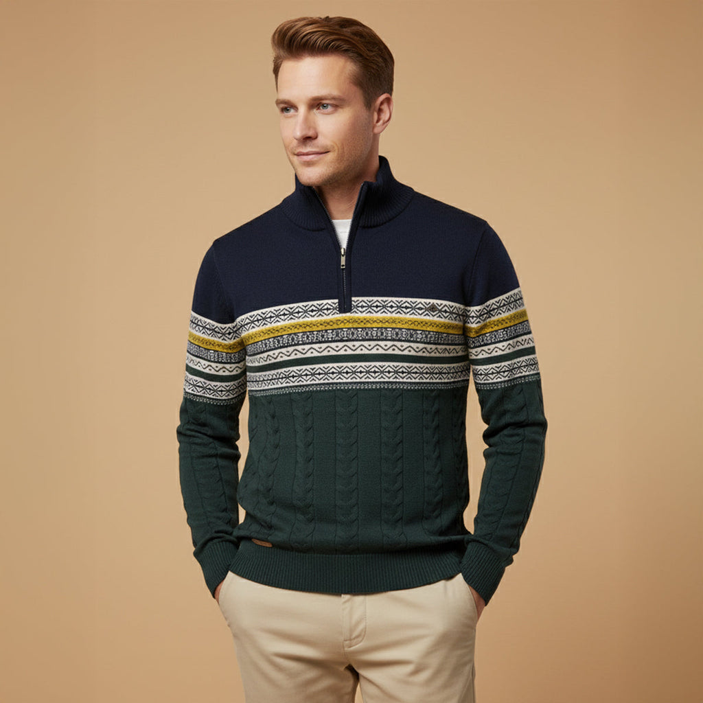 Men's quarter-zip cotton sweater with Fair Isle yoke, navy and dark green knit