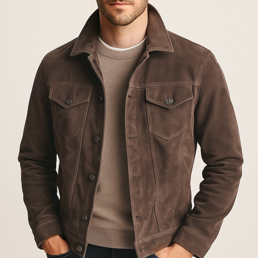 Men's suede cargo jacket, brown, chest flap pockets, button-front