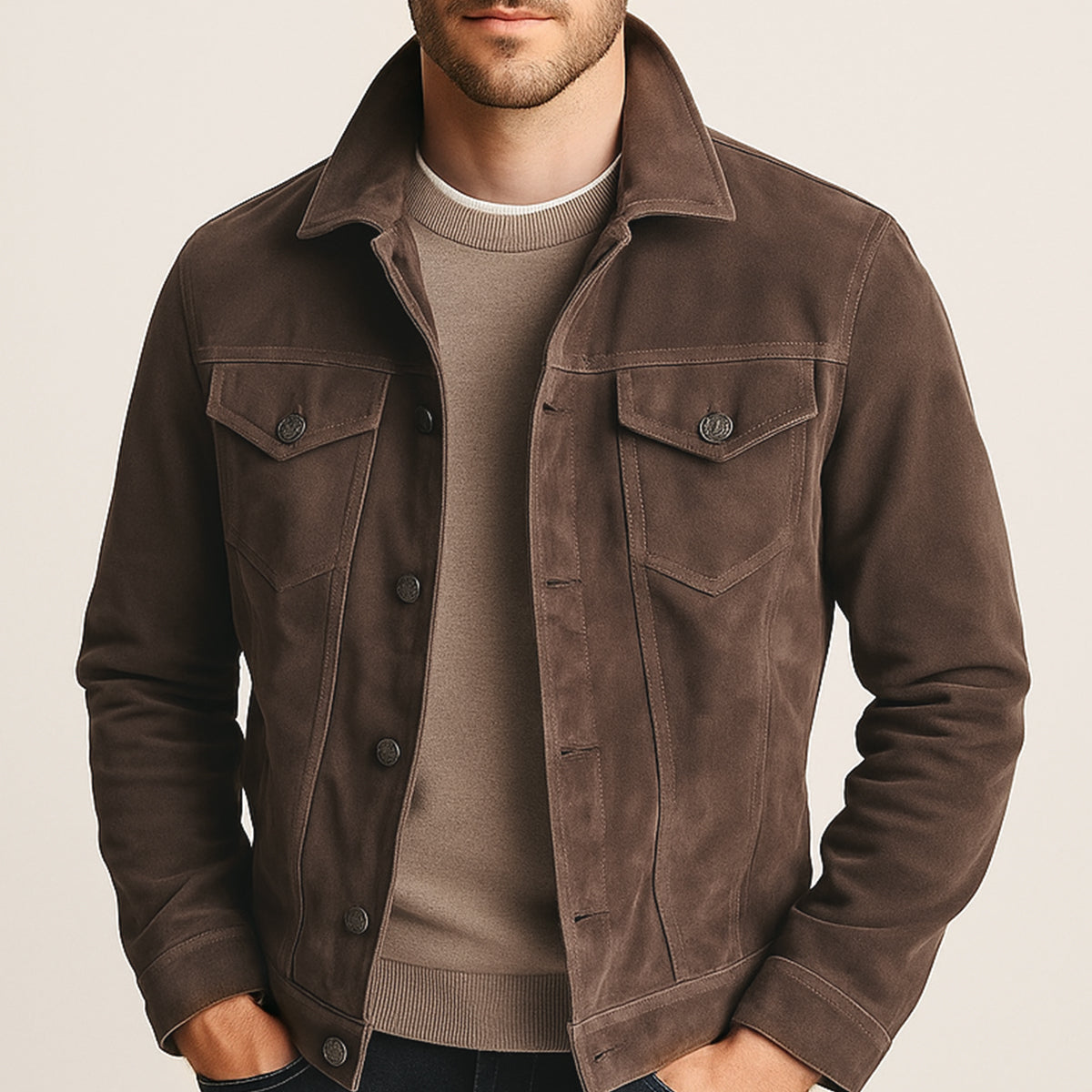 Men's suede cargo jacket, brown, chest flap pockets, button-front