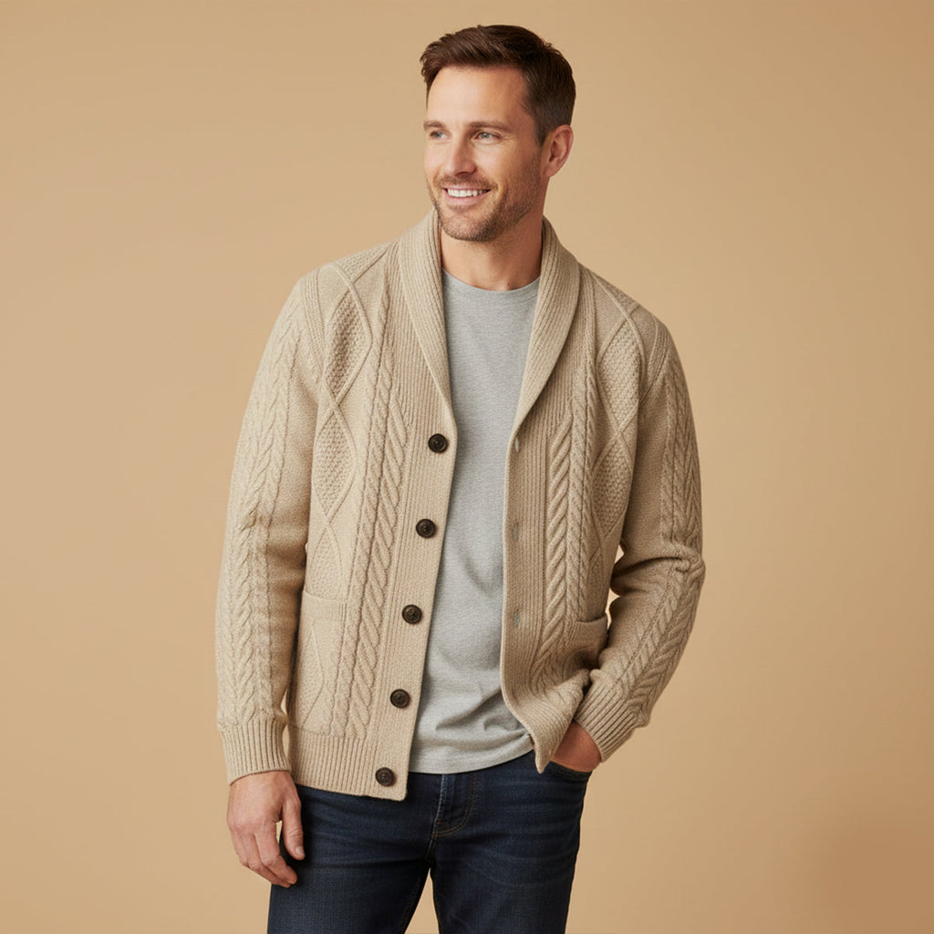 Men's beige shawl-collar cardigan with button front; textured cable knit