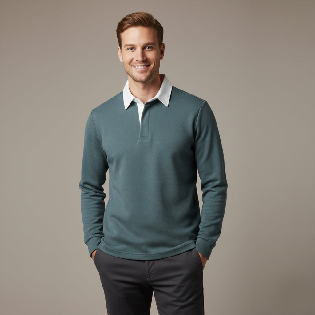 Men's long-sleeve knit polo shirt in green with white collar and button placket