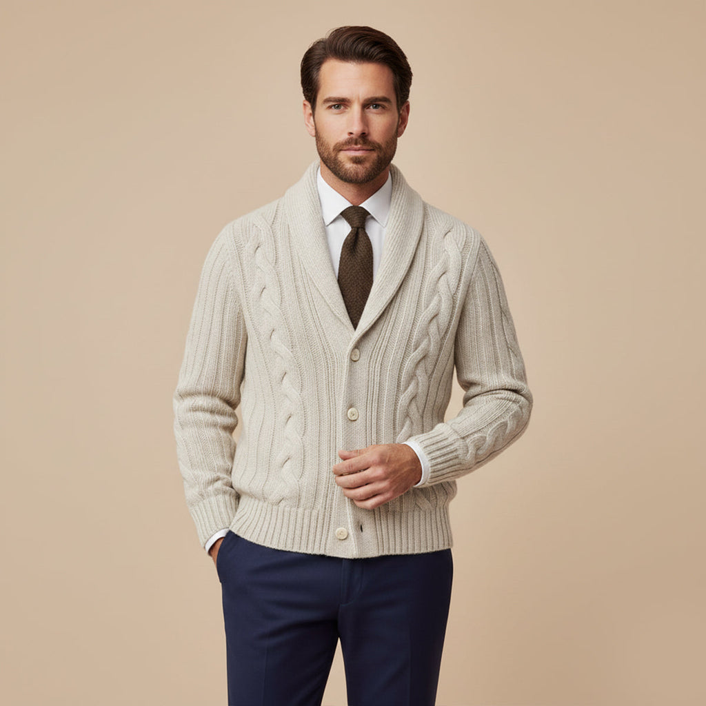 Men’s white cable-knit cardigan with button front and shawl collar, ribbed cuffs