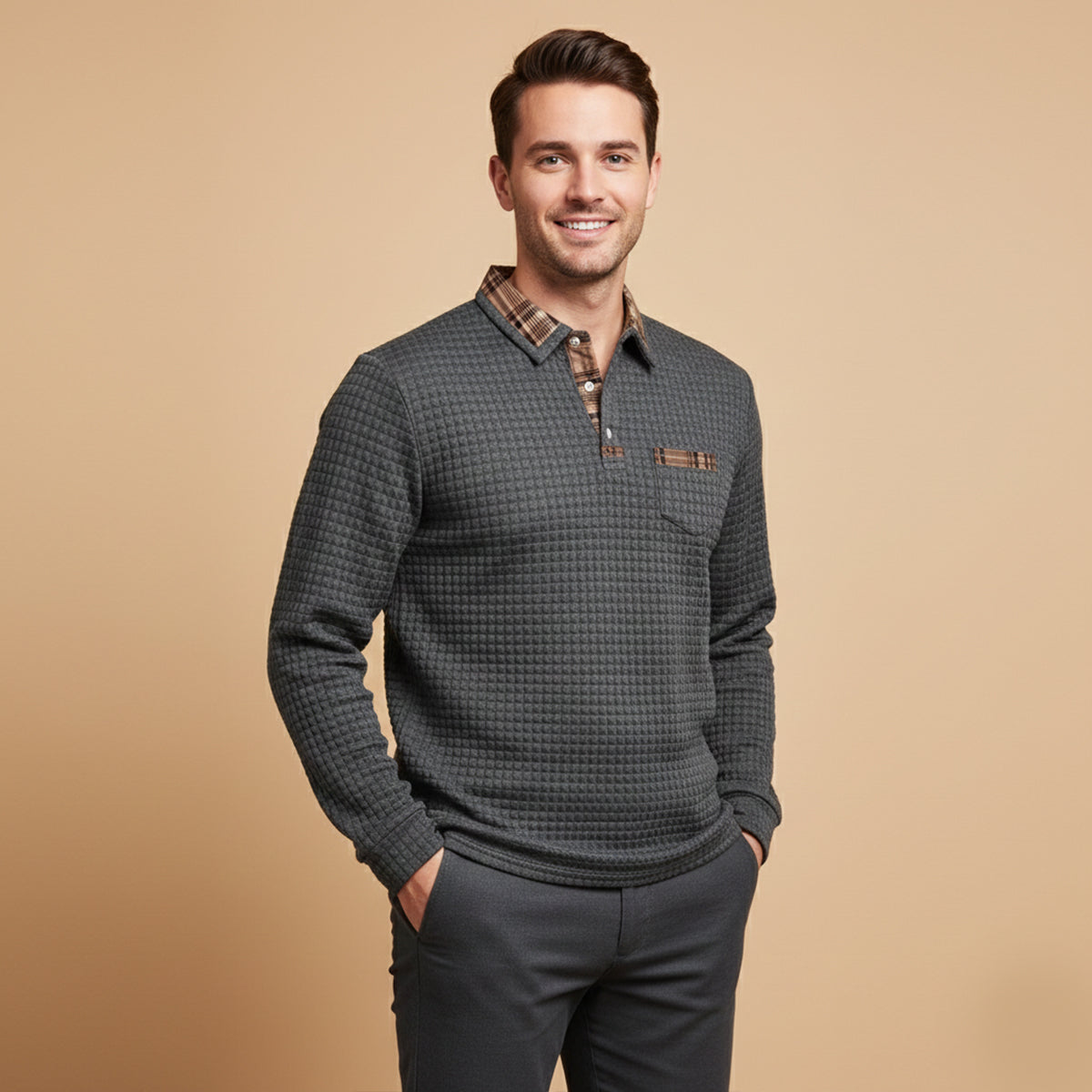 Men's gray waffle-knit polo sweater with plaid collar and chest pocket, long sleeves