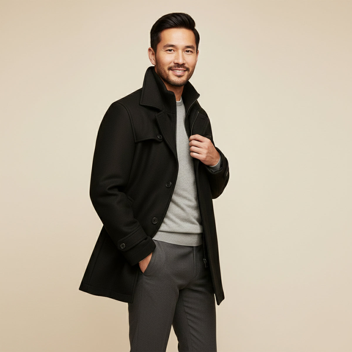 Men's black long jacket worn open, showing stand collar and buttoned front