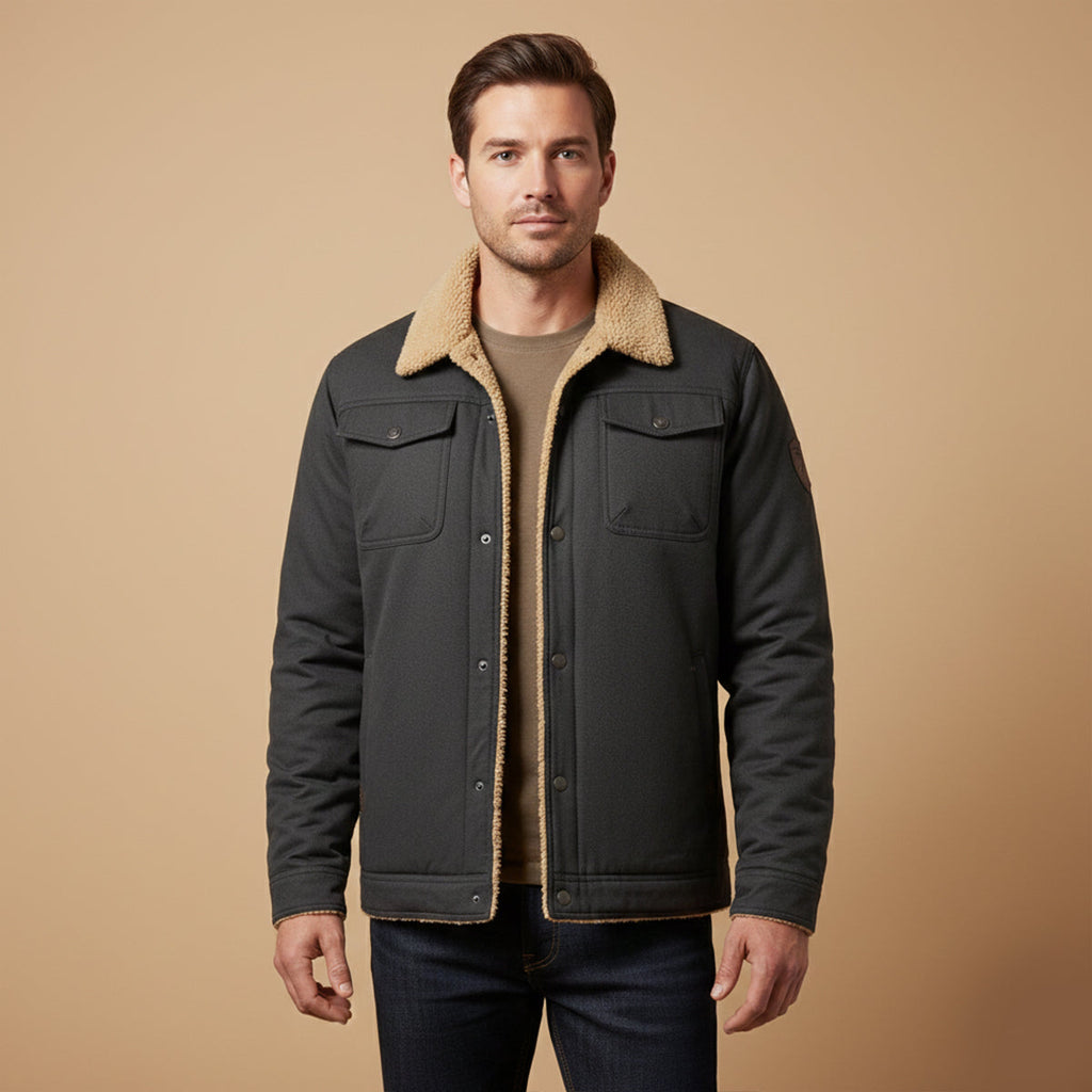 Men’s black/dark charcoal fleece-lined winter coat with tan collar and chest pockets