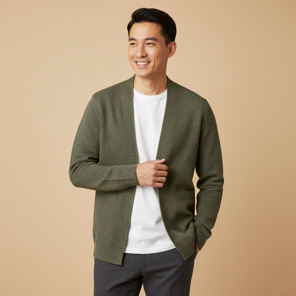 Men's olive green open-front knit cardigan with patch pockets and ribbed cuffs