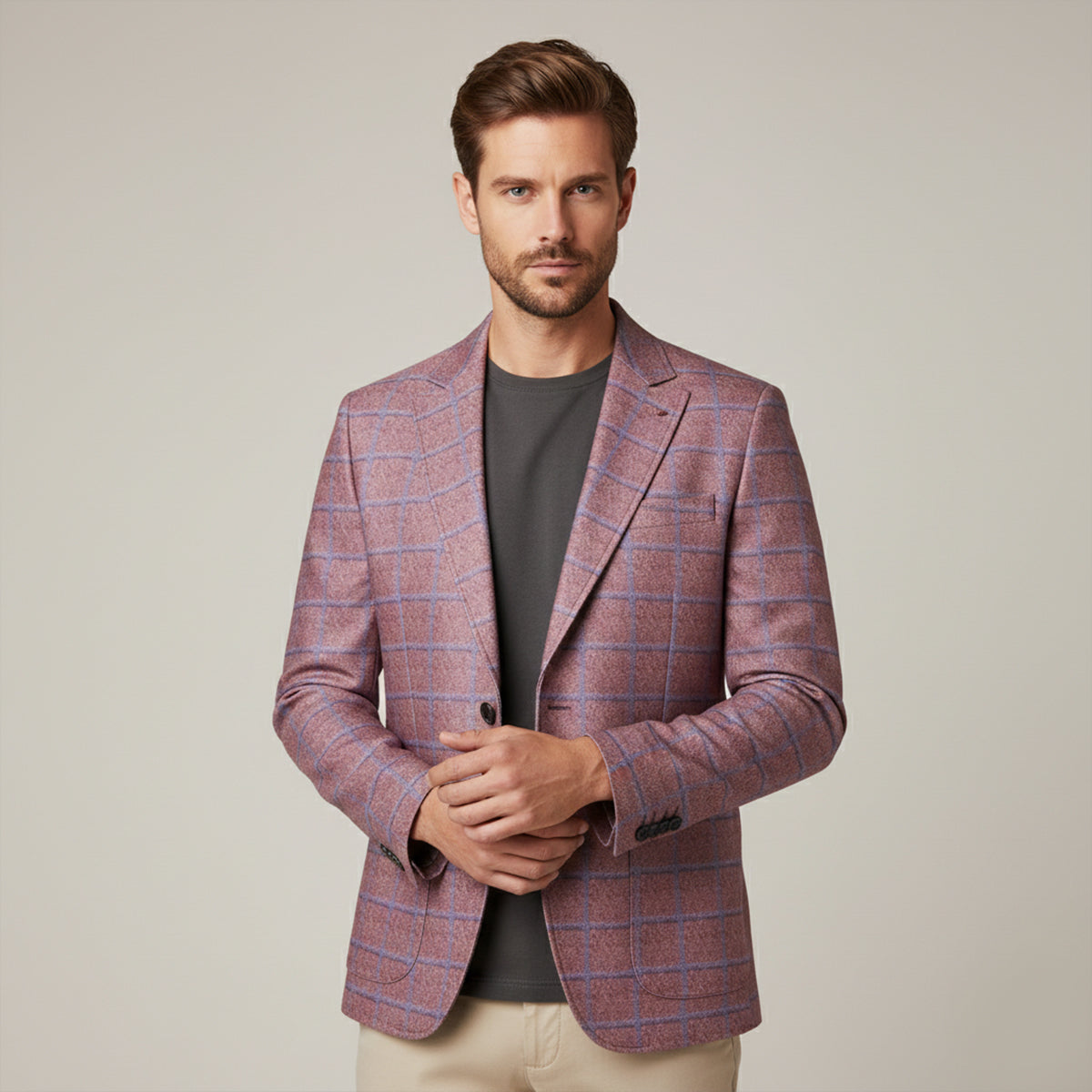 Men's burgundy plaid double-breasted blazer with notched lapels and two-button front