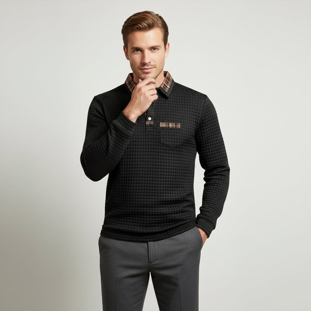 Men's black waffle-knit polo sweater with plaid collar and chest pocket, long sleeves
