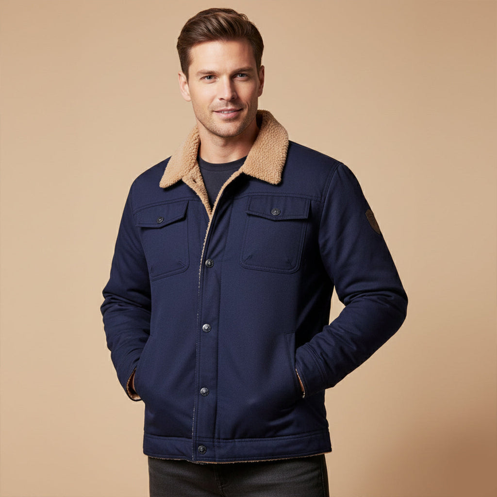 Men’s dark navy jacket with tan sherpa collar and button front