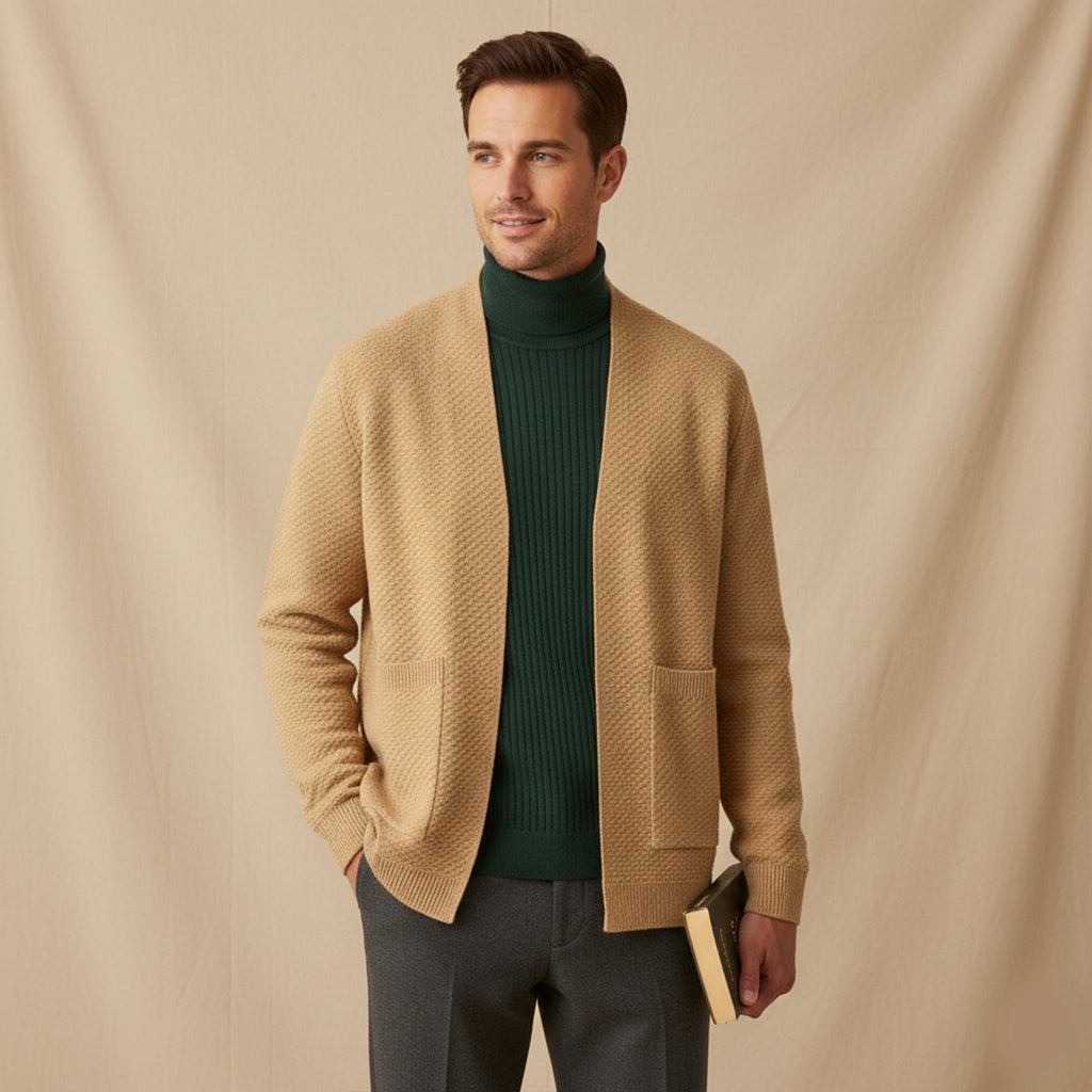 Men's khaki open-front knit cardigan with patch pockets and ribbed cuffs