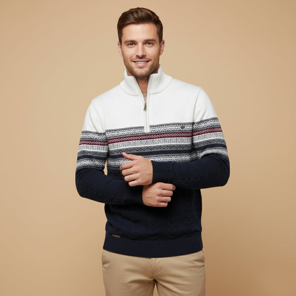 Men's quarter-zip cotton sweater worn by model, white and dark navy Fair Isle knit