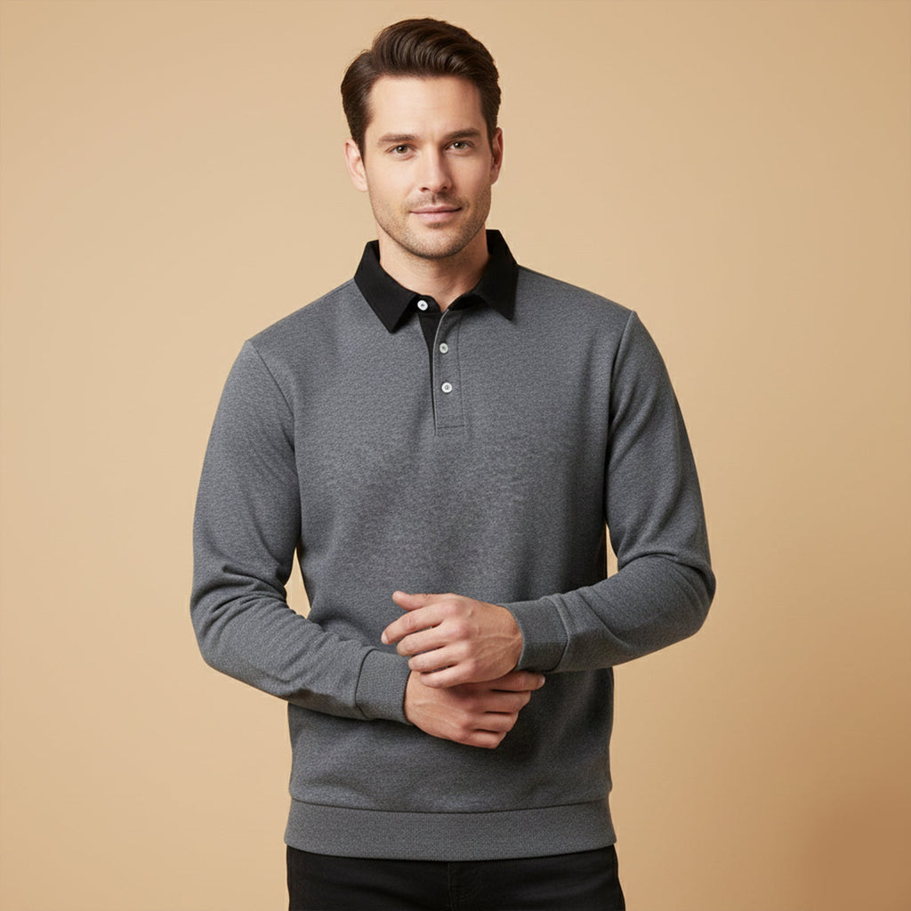 Men's long-sleeve knit polo shirt in dark gray with black collar and button placket