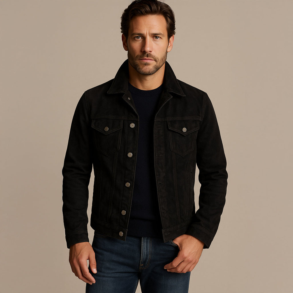 Black suede jacket with two chest flap pockets, snap buttons, and button placket.
