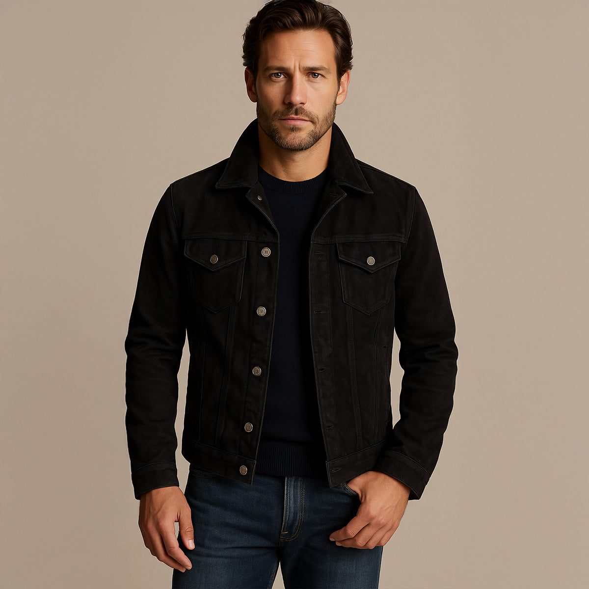 Black suede jacket with two chest flap pockets, snap buttons, and button placket.