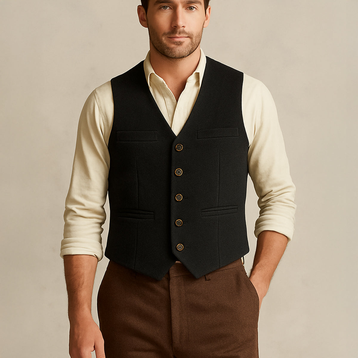 Men's vintage button-up vest, black with notch V-neck and four brown buttons