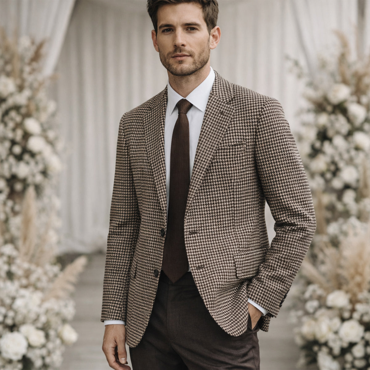Men's brown tweed houndstooth blazer with notch lapels and side pocket, front view