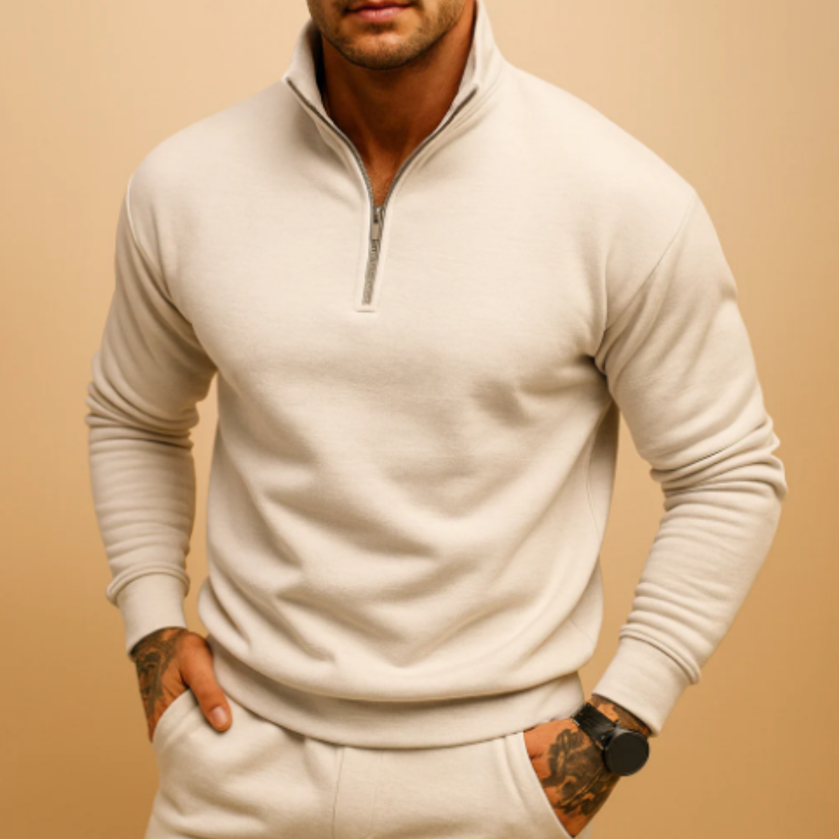 Light gray men's half-zip knitted sweater with ribbed cuffs and hem